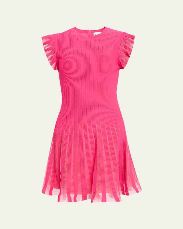 Sheer Flutter-Sleeve Knit Dress